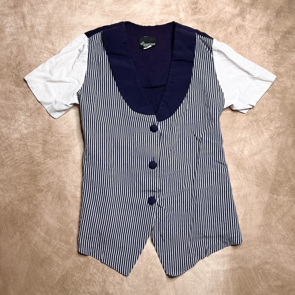 Vintage 90s Nu Venture Layered Striped Shirt Vest Navy Nautical Sailor Retro